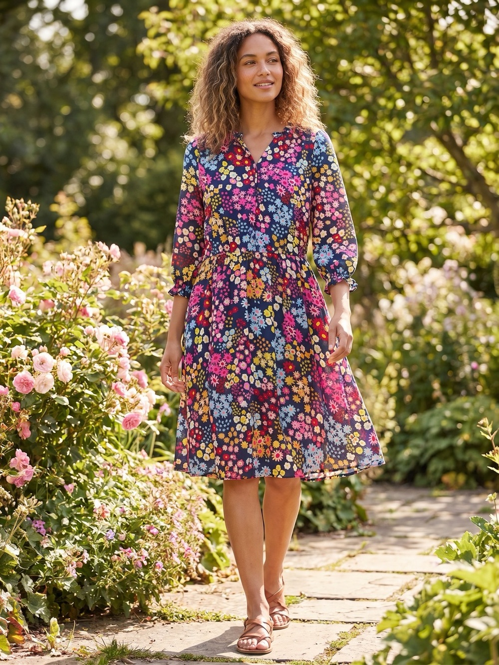 Talbots Blue Floral Print A-Line Dress with Bright Blooms